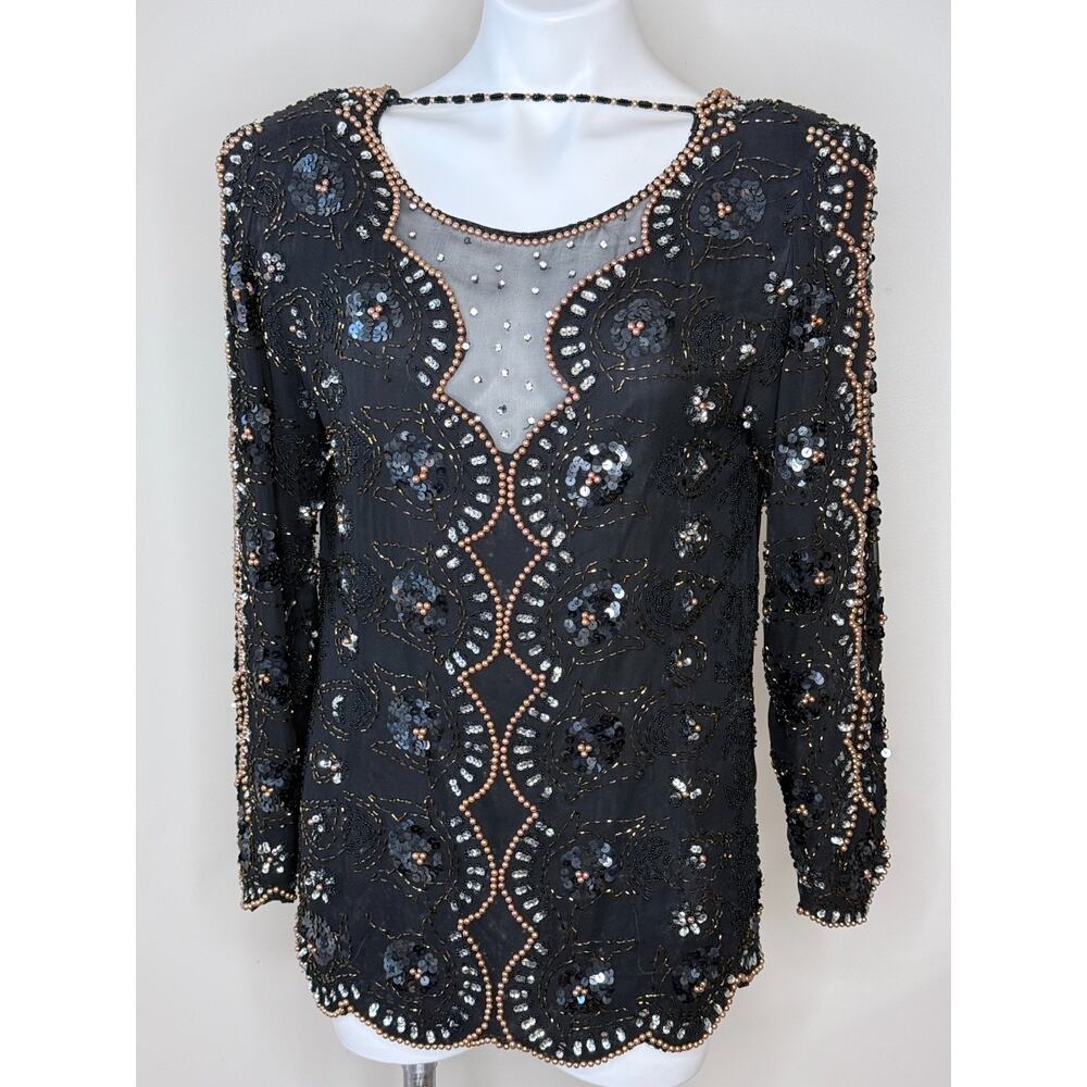 Vintage Oleg Cassini Black Silk Beaded & Sequined Long Sleeve Blouse Size M